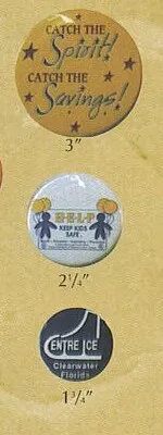 Three printed celluloid buttons in 3, 2¼ and 1¾ inch sizes